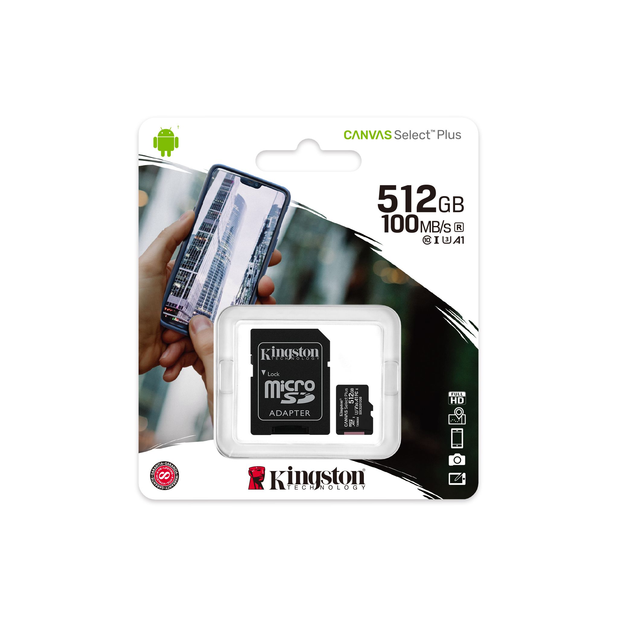 Kingston Canvas Select Plus - Tarjeta de memoria flash (adaptador microSDXC a SD Incluido) - 512 GB - A1 / Video Class V30 / UHS Class 3 / Class10 - microSDXC UHS-I