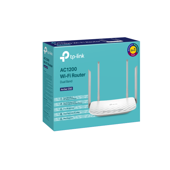 TP-LINK Archer C50 - Wireless router - 4-port switch - 802.11a/b/g/n/ac - doble banda AC1200 - Velocidad 300 Mbps a 2.4 GHz + 867 Mbps a 5 GHz - 4× Antenas, 1× Puerto WAN 10/100M + 4× Puertos LAN 10/100M- Aplicación Tether - WPA3