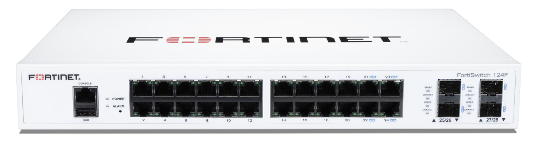 Fortinet FortiSwitch 124F - Conmutador - Gestionado - 24 x 10/100/1000 + 4 x 10 Gigabit SFP+ - flujo de aire lateral hacia atrás - montaje en rack