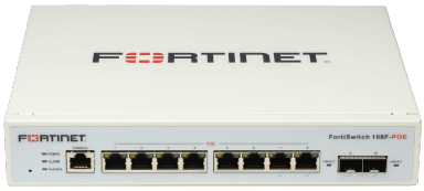 Fortinet FortiSwitch 108F-POE - Conmutador - Gestionado - 8 x 10/100/1000 (PoE) + 2 x Gigabit SFP - flujo de aire lateral hacia atrás - sobremesa, montaje en rack - PoE+ (65 W)