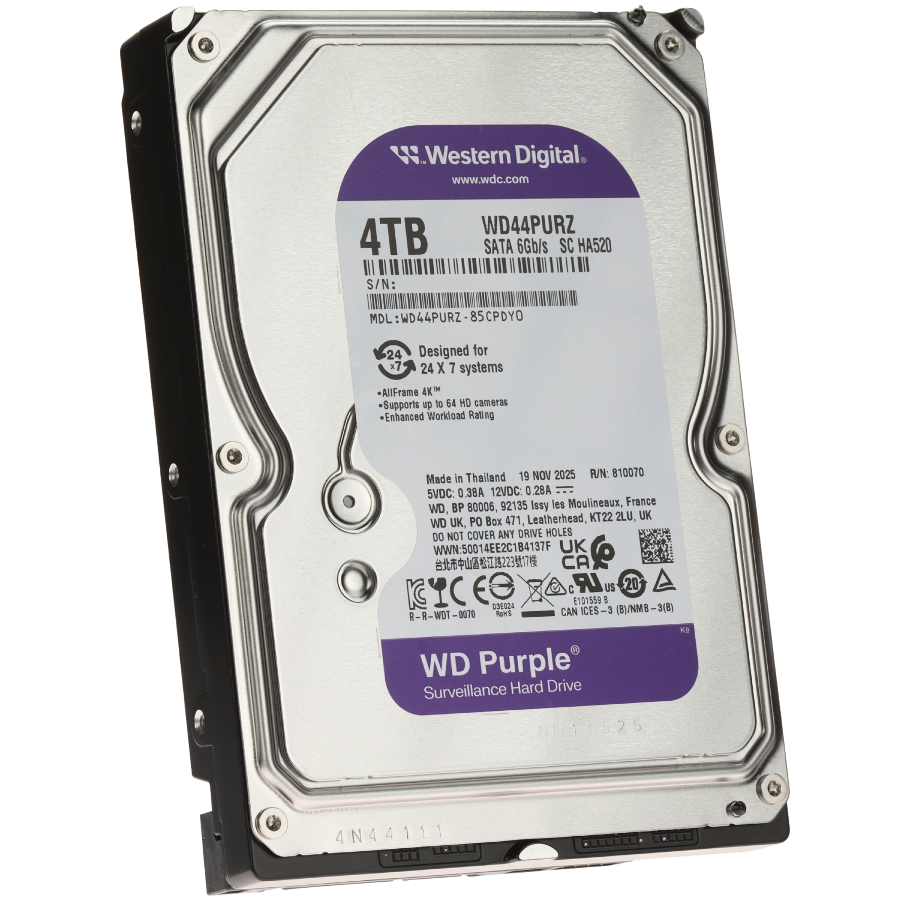 Western Digital WD Purple - Hard drive - Internal hard drive - 4 TB - 3.5" - 5400 rpm - SATA