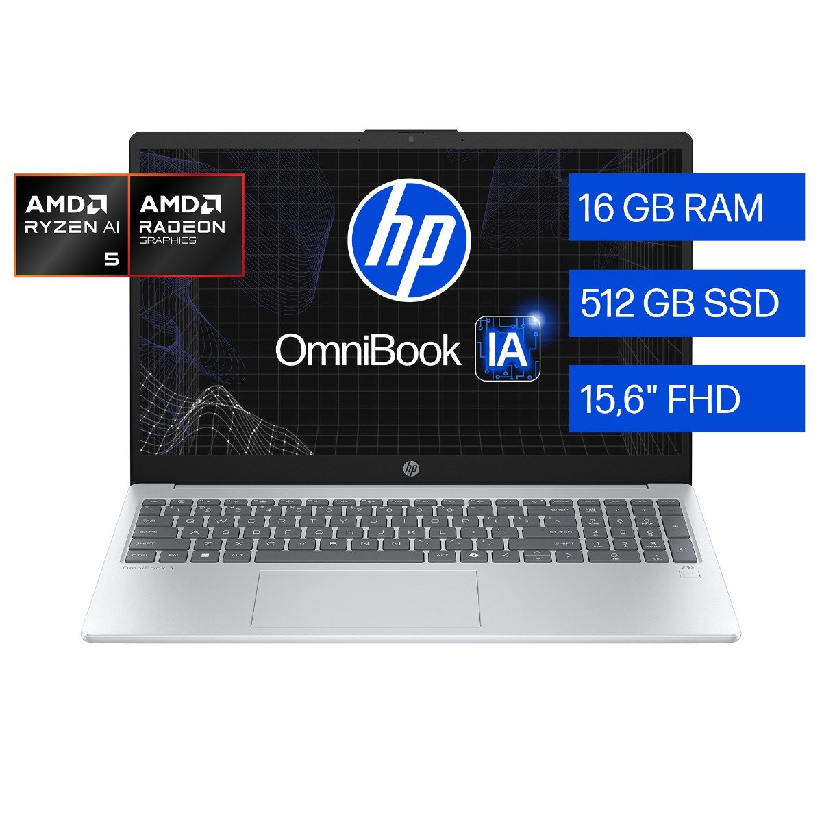 HP Omnibook 15-fn0051la - Notebook - 15.6" - AMD Ryzen 5 340 / 4.8 GHz - 16 GB - DDR5 SDRAM - 512 GB - AMD Radeon - Windows 11 Home - 1-year warranty