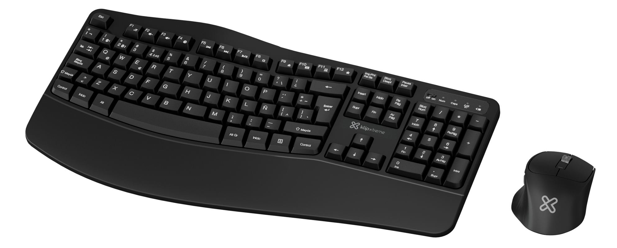 Klip Xtreme - Keyboard and mouse set - Spanish (Latin American) - Wireless - 2.4 GHz / Bluetooth - Black - Ultraergonomic