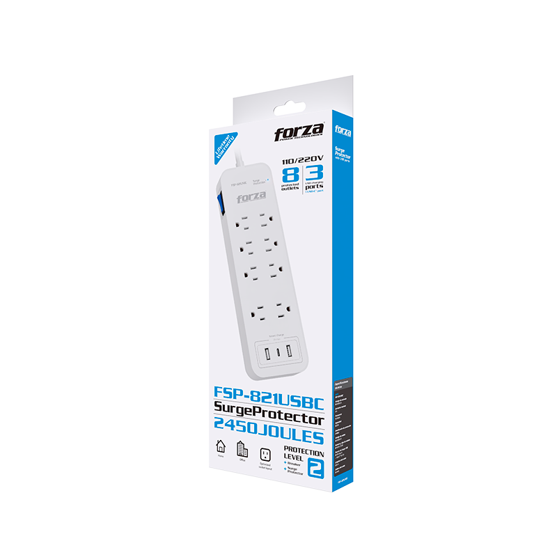 Forza - Surge protector - AC 110/220 V - 8 Tomas de Corriente - USB A+C